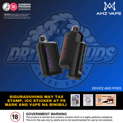 AMZ A1 Airflow Designed Shape Battery Charging Port Charging Voltage LED Screen Nicotine Type Nicotine Concentration E-liquids Capacity